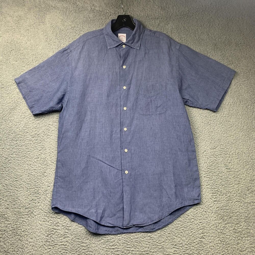 Brooks Brothers 346 Shirt Mens Medium Blue Linen Short Sleeve Button Pocket